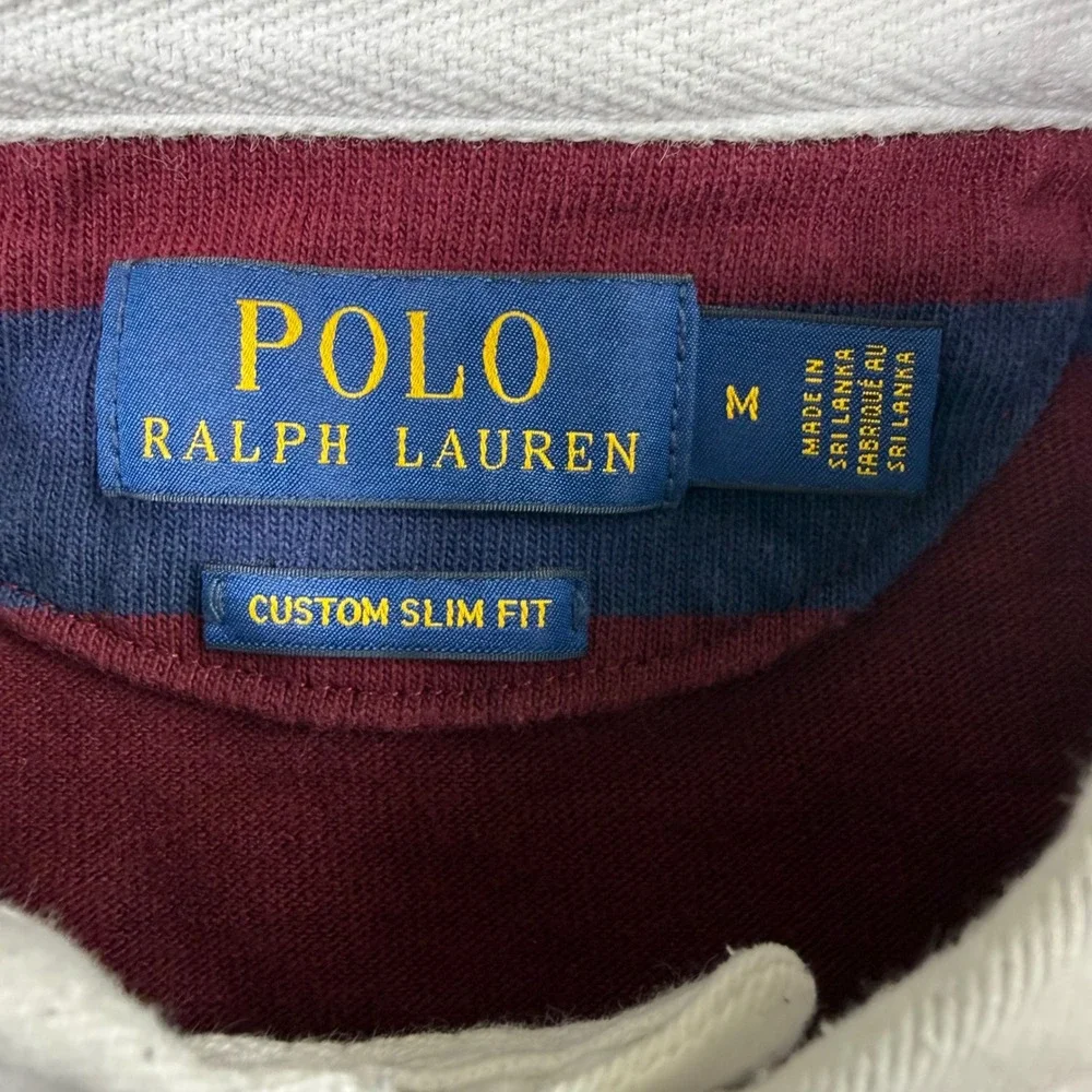 Polo Ralph Lauren Rugby Shirt Mens Medium Burgundy Navy Striped Custom Slim Fit